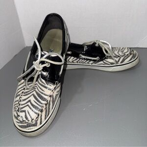 Sperry Zebra Print Boat Shoes with Black Patent Trim size 8